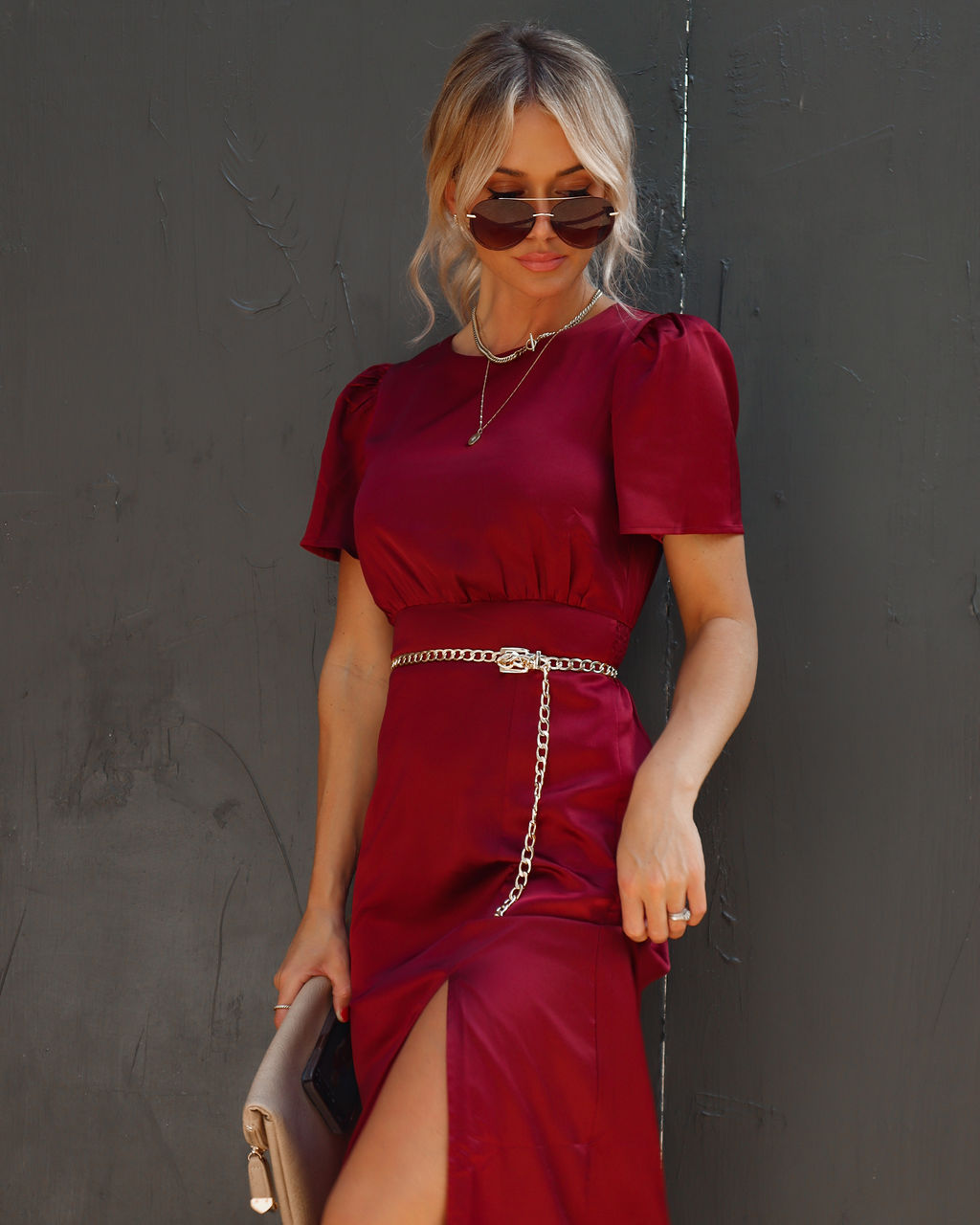 Anngie Satin Slit Midi Dress - Wine - Se7enfashion
