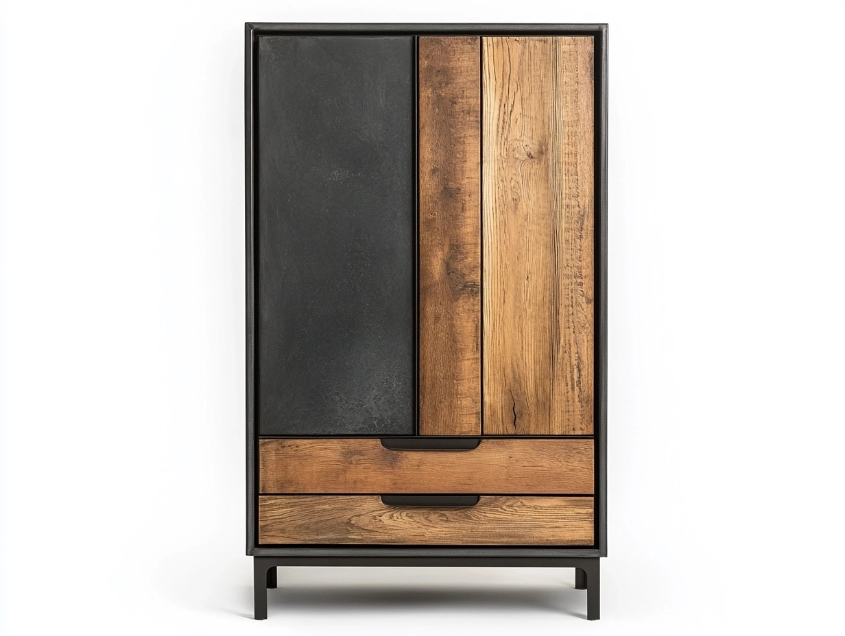 Armario alto industrial de madera y metal negro con puertas y cajones para salón o dormitorio 180x90x40 cm XN9337405