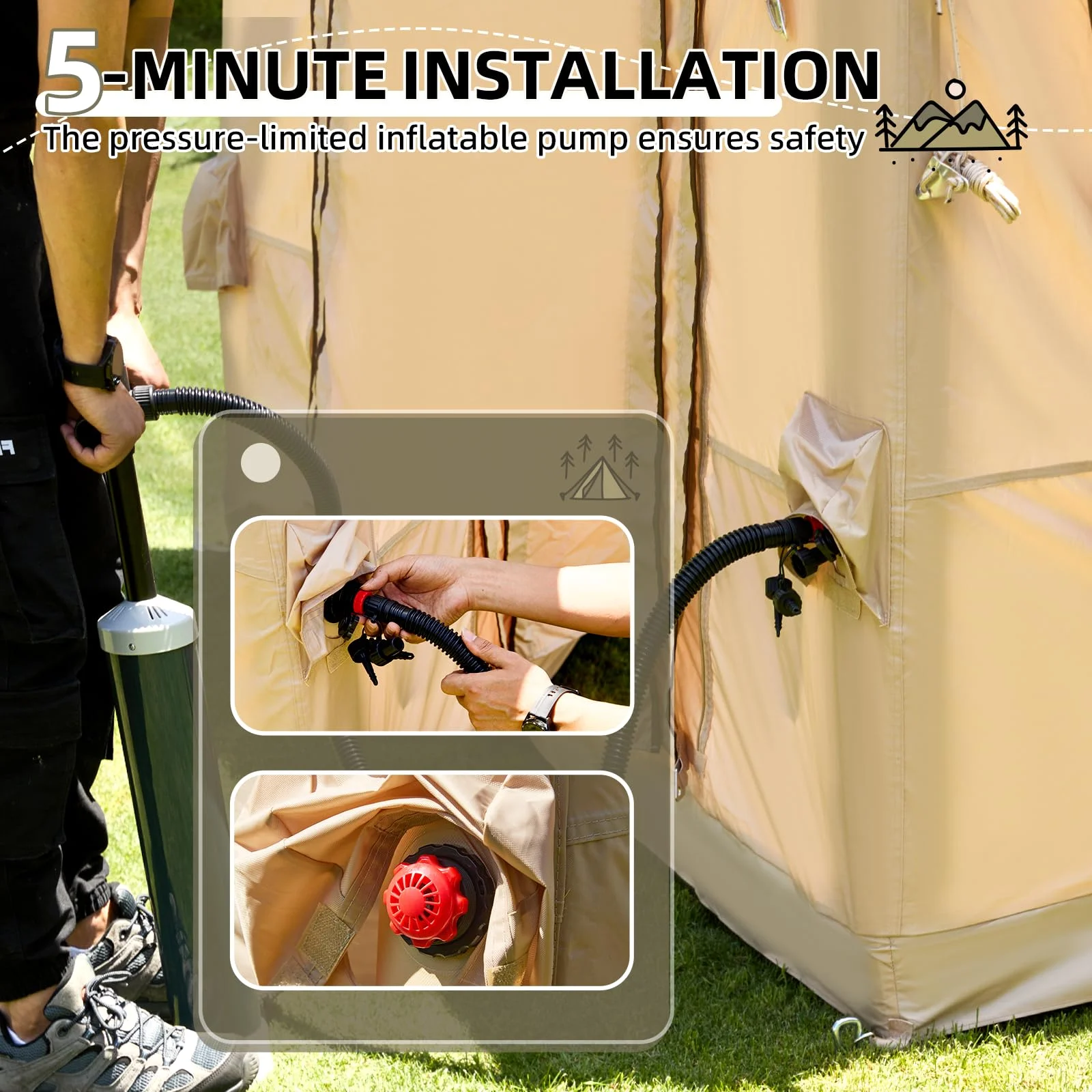 Yoleny 12'x8' Inflatable Tent, 96 SFT Blow Up Tent for Camping, 4 Season Oxford Glamping Tents with Clear Skylight, Pump & Stove Jack - Image 9