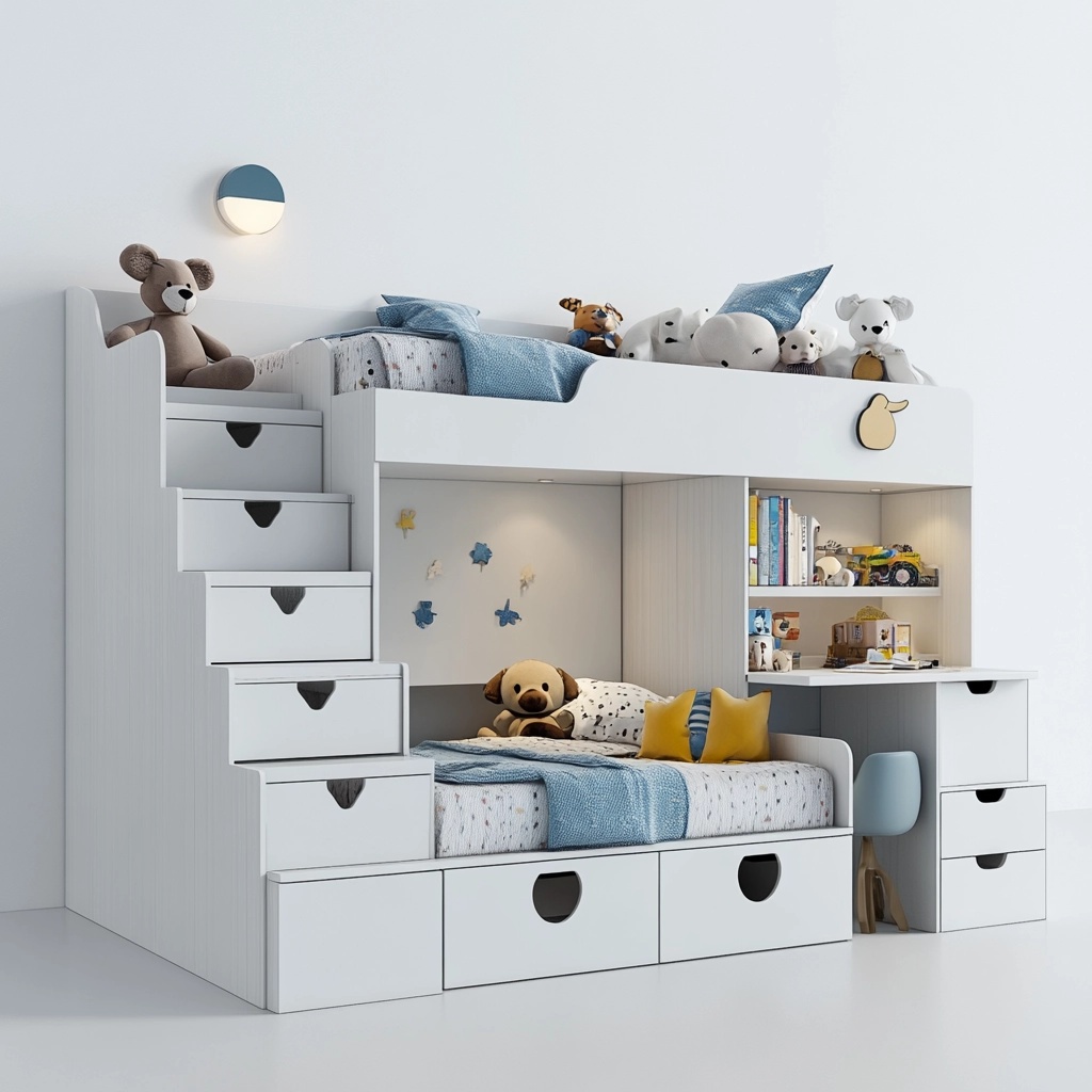 Cama litera infantil de madera con escritorio y almacenamiento blanco