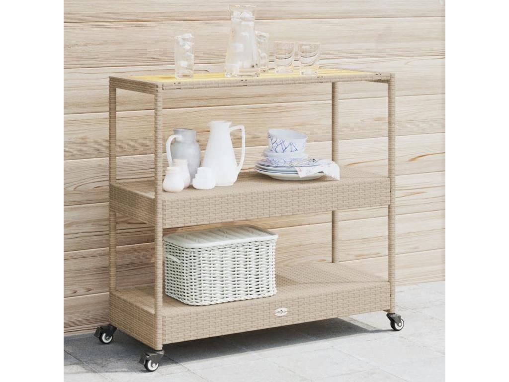 Carrito de bar 3 niveles ratán PE y madera maciza acacia beige