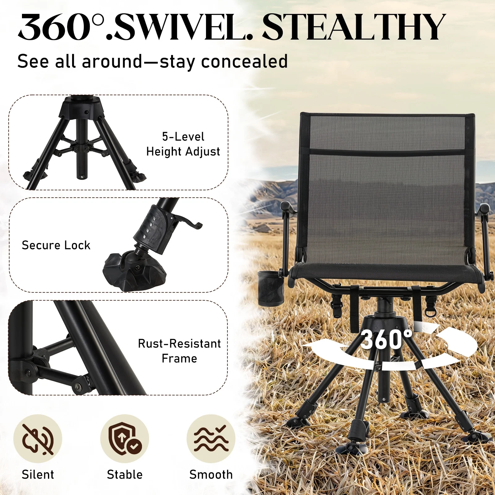 Danrelax 360- Silent Camo Hunting Blind Chair, Armrests, Side Pouch, Telescopic Legs - Image 44