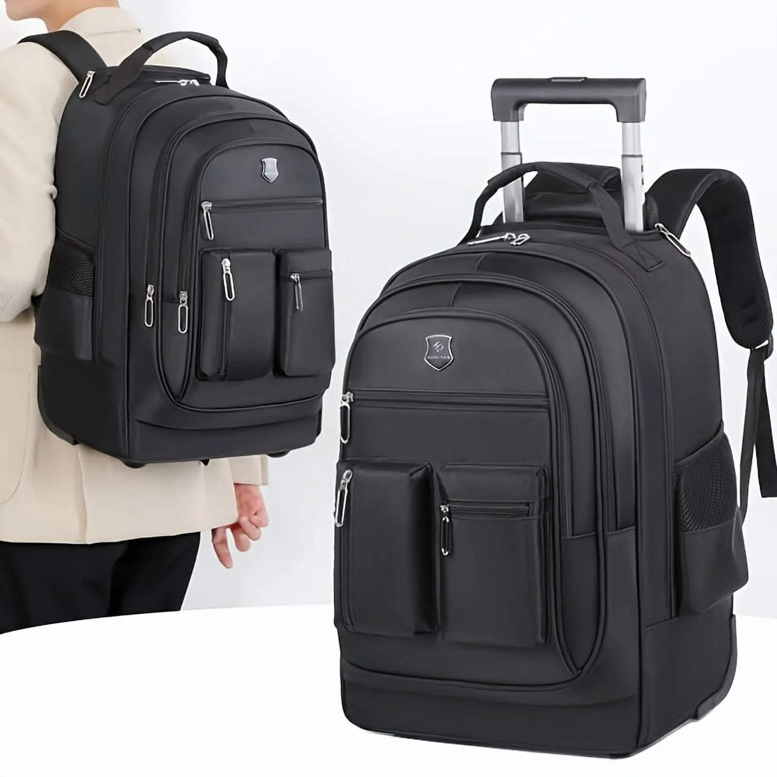 Large Rolling Backpack - Retractable Handle & Aluminum Frame - Spacious Oxford Fabric Design - For School, Travel, Picnics - Multi-Compartment