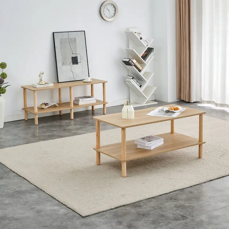 39-Inch Coffee Table with Two-Tier Design and Rubberwood Legs