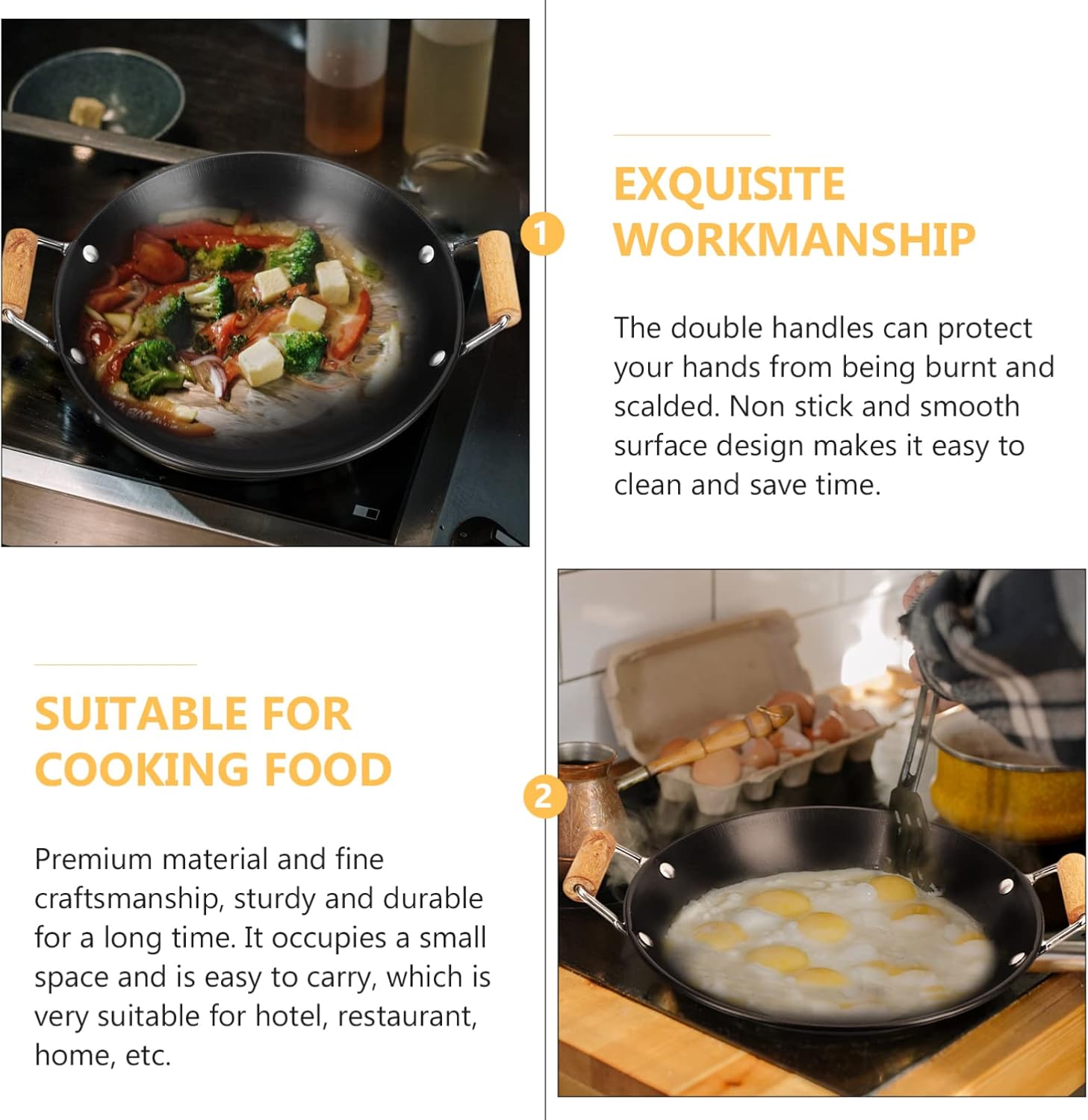 DOITOOL Japanese Shabu Pot Carbon Steel Wok Pan Stir Fry Pans with Wooden Handle Stainless Steel Pot Kitchen Cookware 9 X 11 Inch Japanese Soup Pots
