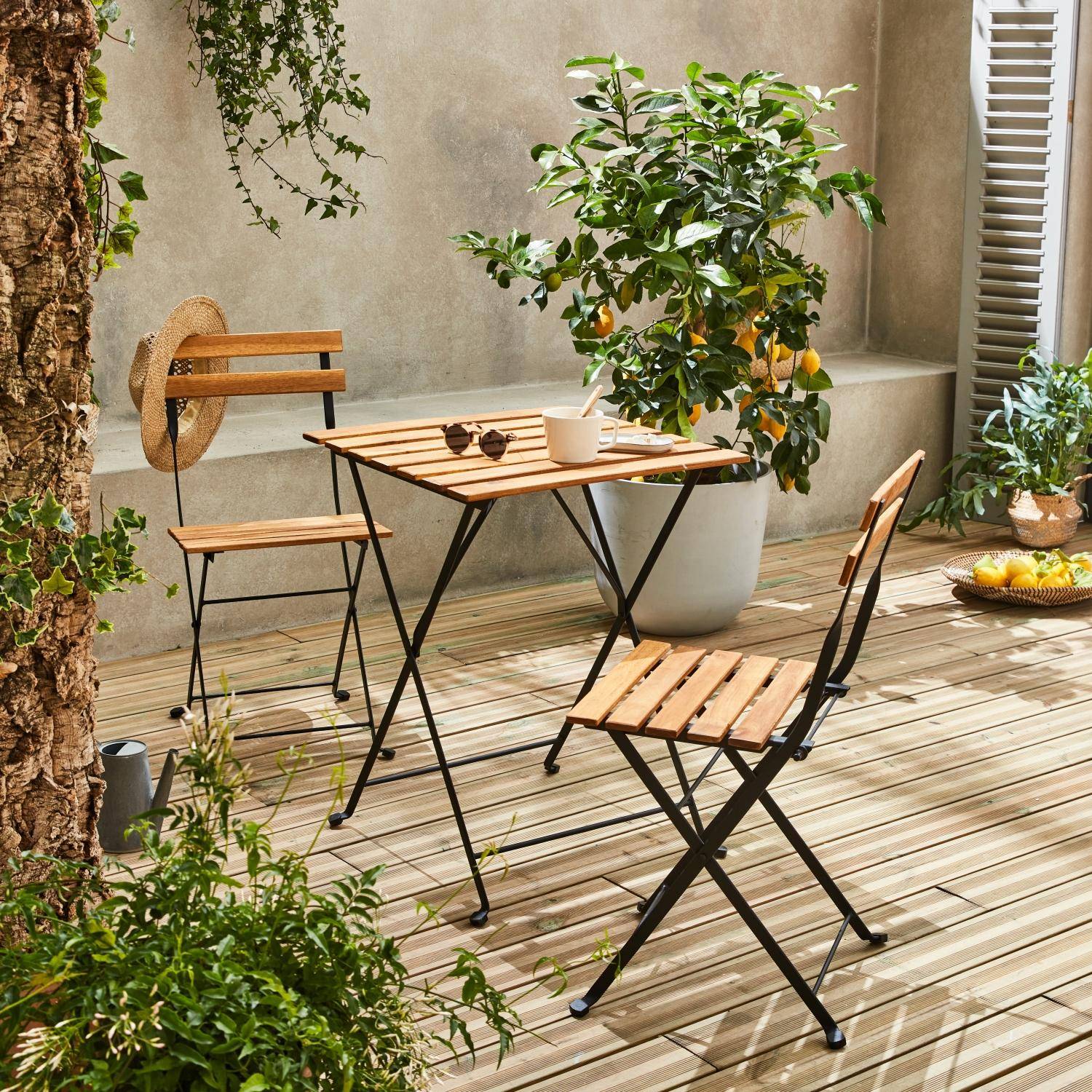 Malaga - Mesa bistro plegable madera y metal con 2 sillas