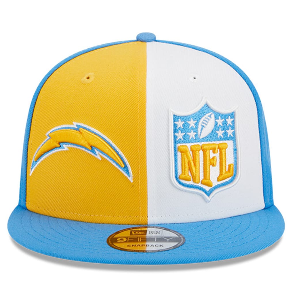 Front view of the Los Angeles Chargers Colorblock Snapback Hat featuring a split gold and white crown with the Chargers bolt logo and NFL Shield