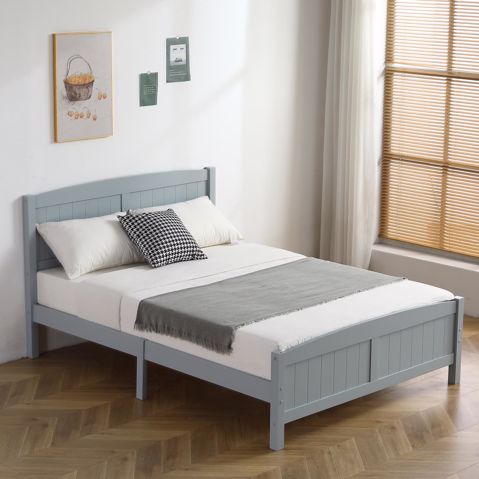 Ktaxon Deluxe Wood Platform Bed with Headboard, Teen Bed Gray,Twin