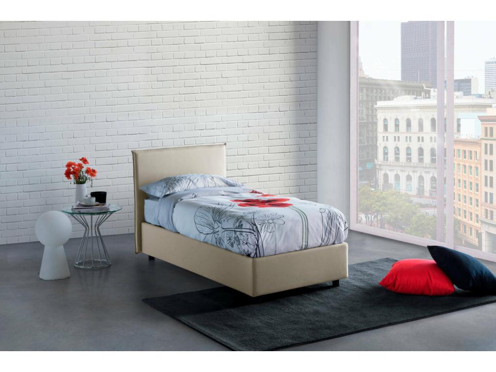 Cama individual Brunella, Cama contenedor con revestimiento de tela, 100% Made in Italy, Apertura frontal, con colchón de 80x190 cm incluido, Beige