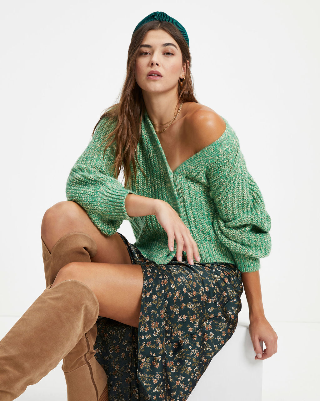 Ireland Knit Balloon Sleeve Cardigan - Green - Se7enfashion
