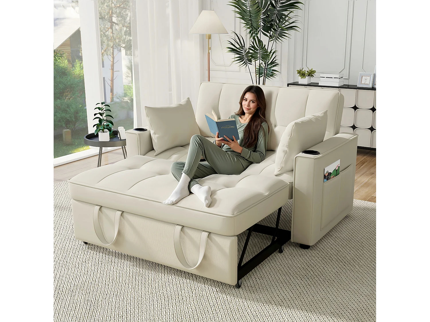 Sofá beige de 2 plazas - Sillón convertible con portavasos y bolsillo portaobjetos - cojines y ruedas