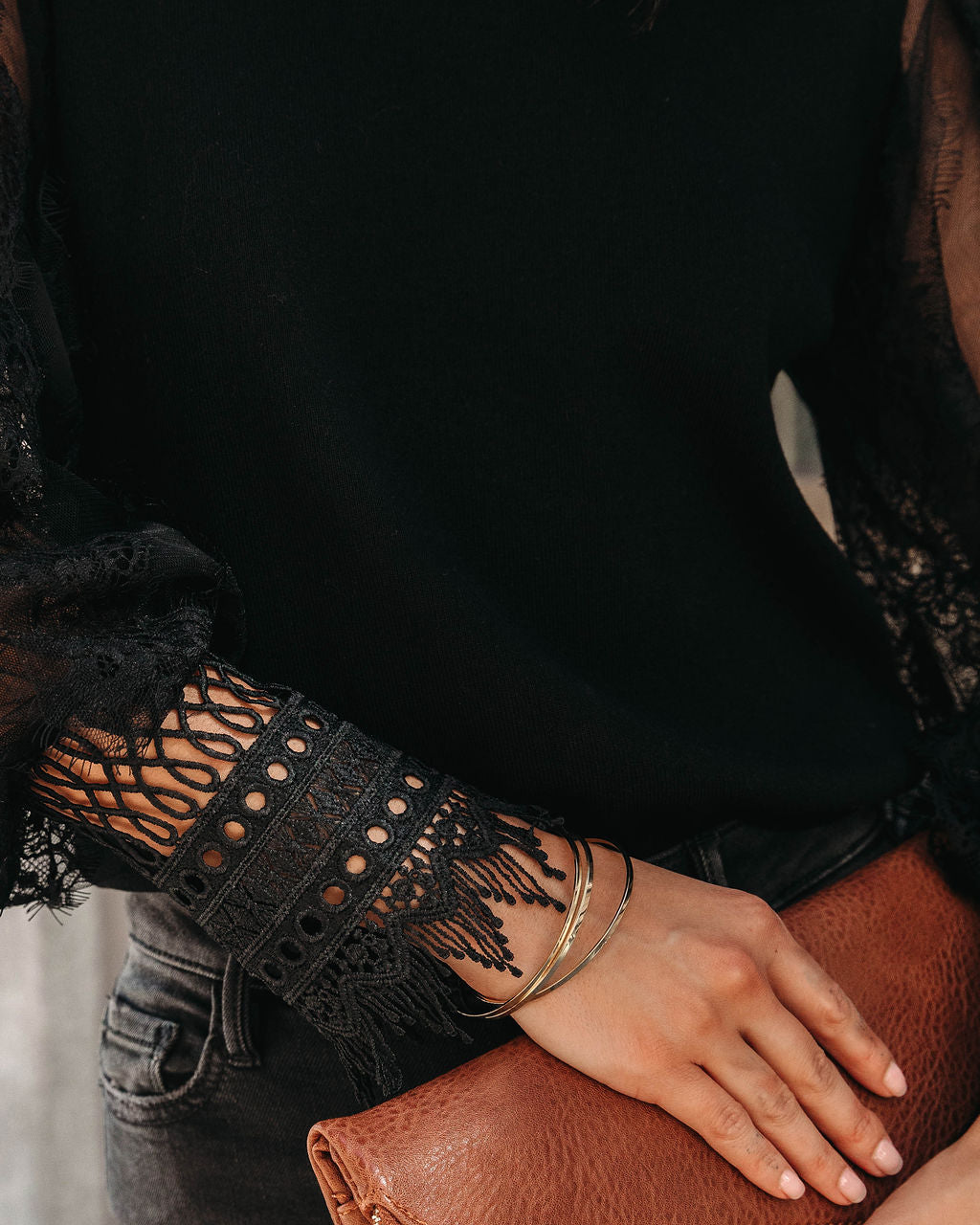 Before The Dawn Lace Sleeve Sweater - Black - Se7enfashion