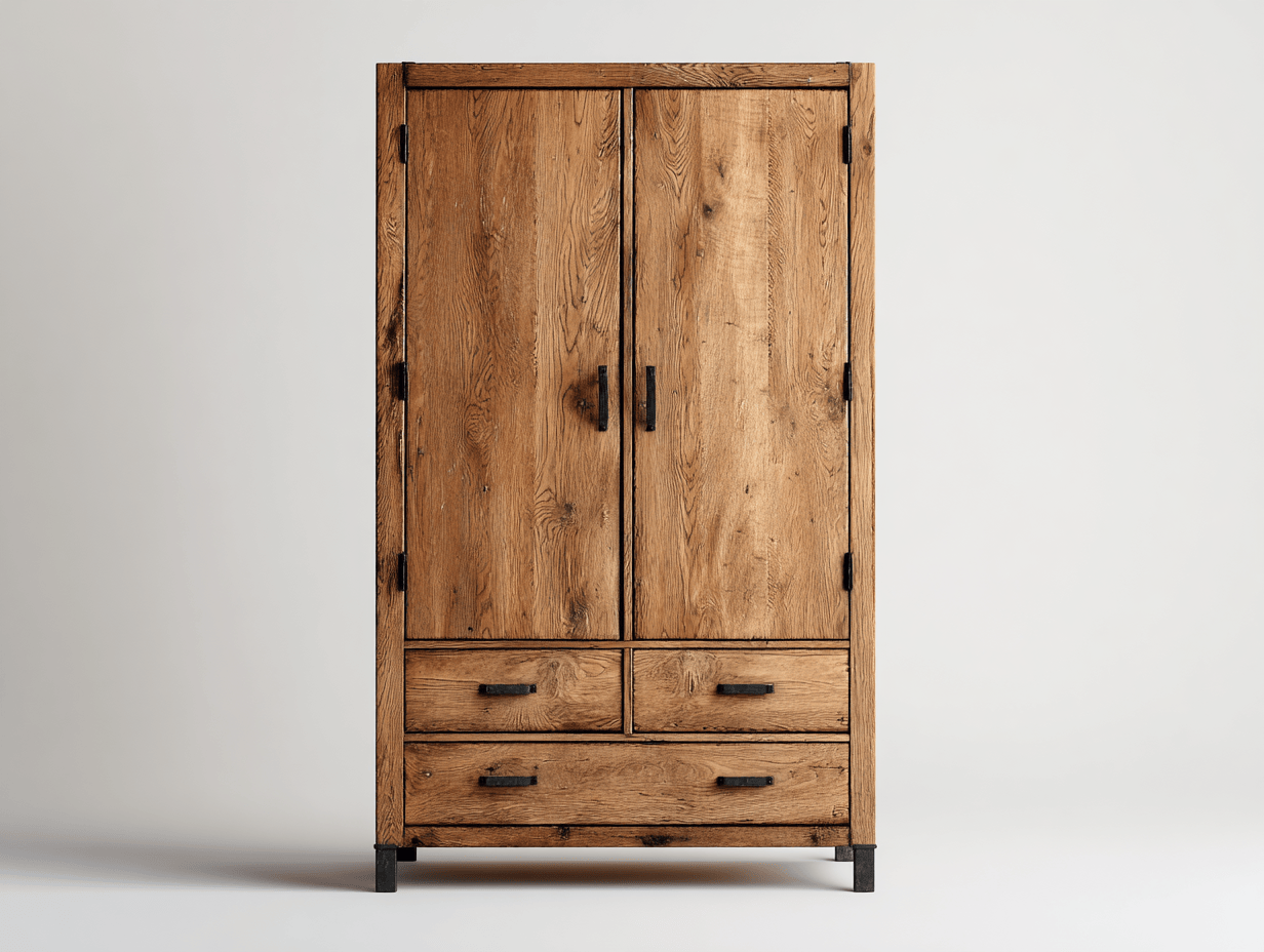 Armario de madera maciza con 2 puertas y 3 cajones 100×55×200 cm - color roble natural - estilo industrial