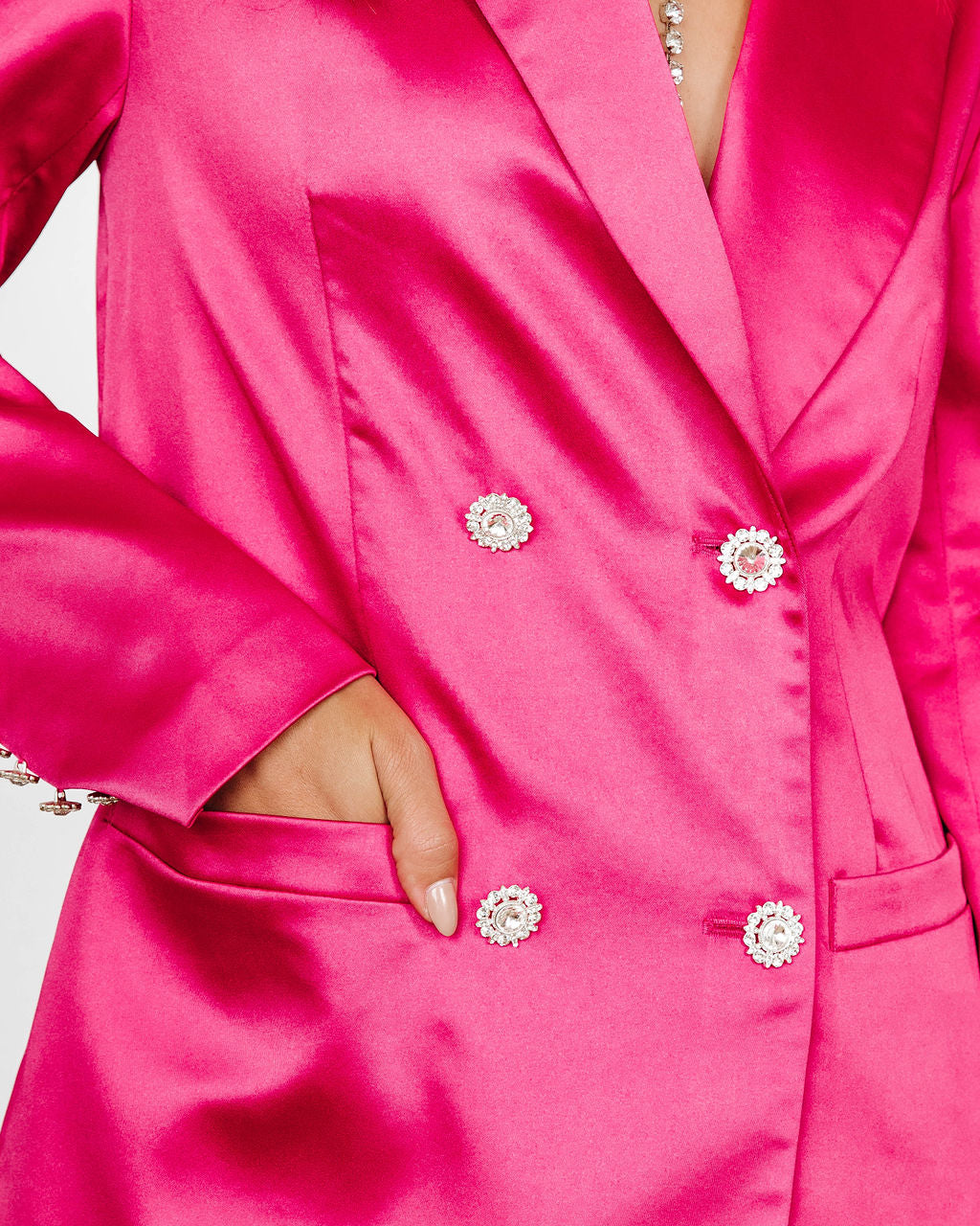 Sensational Queen Satin Embellished Pocketed Blazer - Fuchsia - Se7enfashion