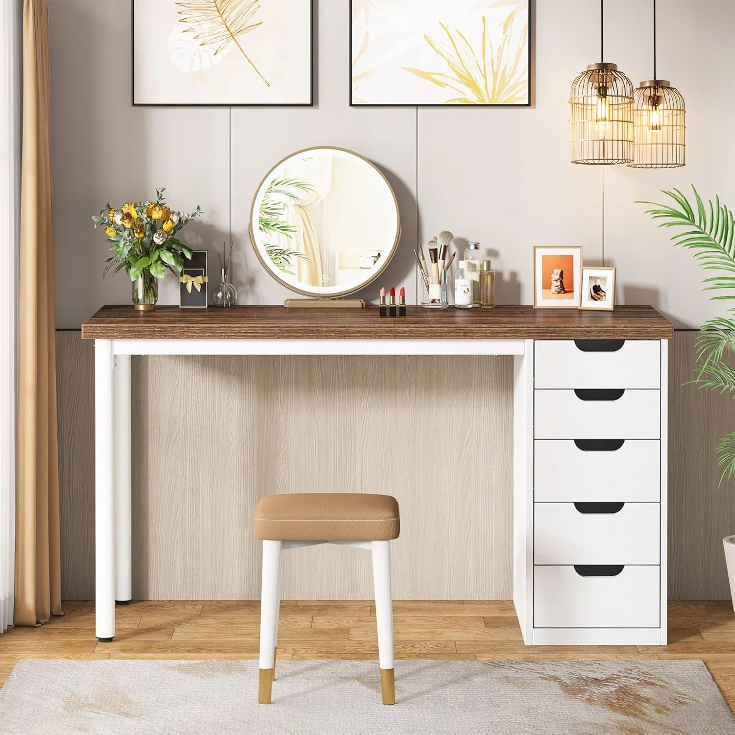 Tribesigns 47 inches Vanity Desk with 5 Drawers, Rustic Makeup Dressing Table with Storage, Modern Simple Computer Desk for Women, Girls (Brown) - Image 4