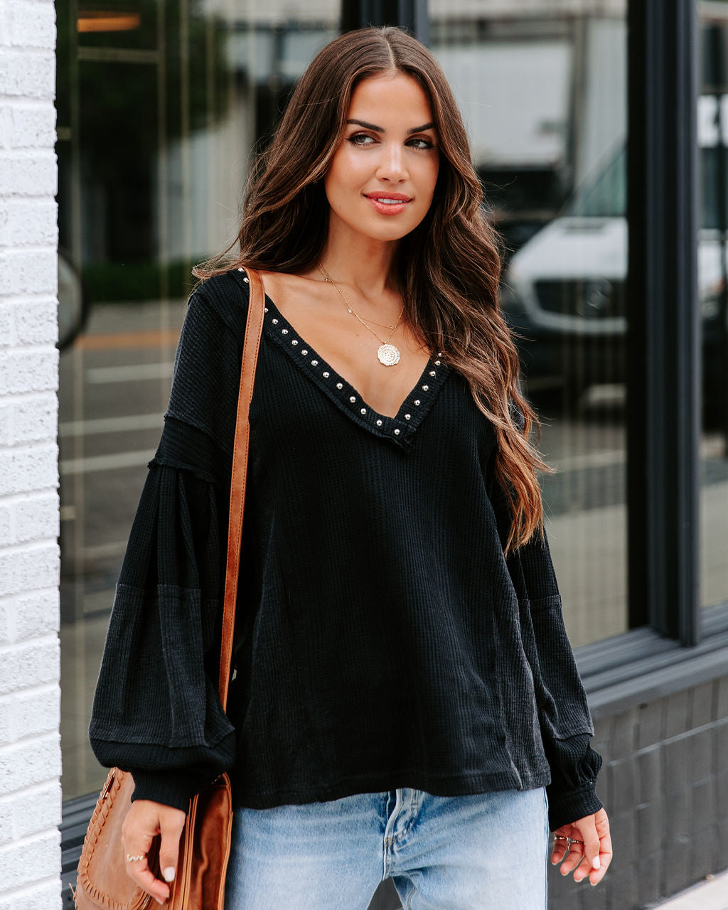 Axel Studded Waffle Knit Long Sleeve Top - Black - Se7enfashion