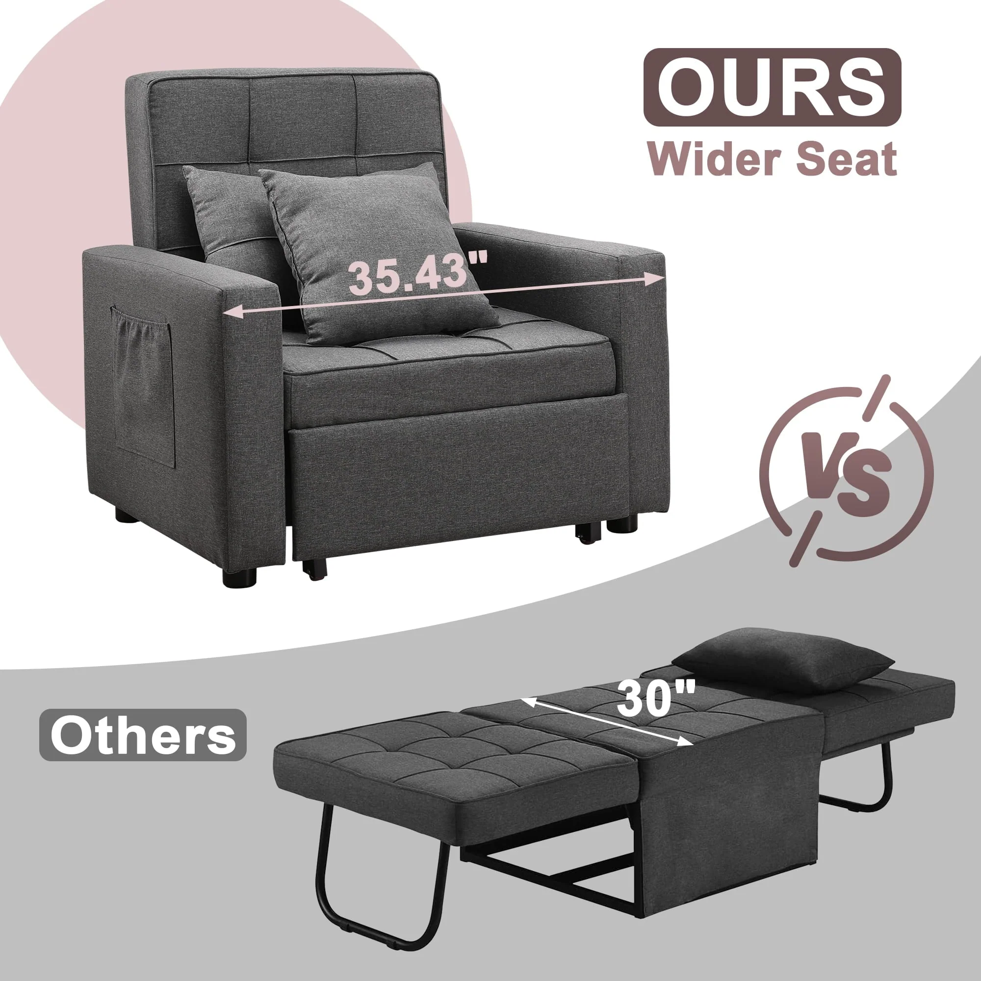Tolead 3-in-1 Convertible Sofa Bed Sleeper Chair with Adjustable Backrest, Gray - Image 6