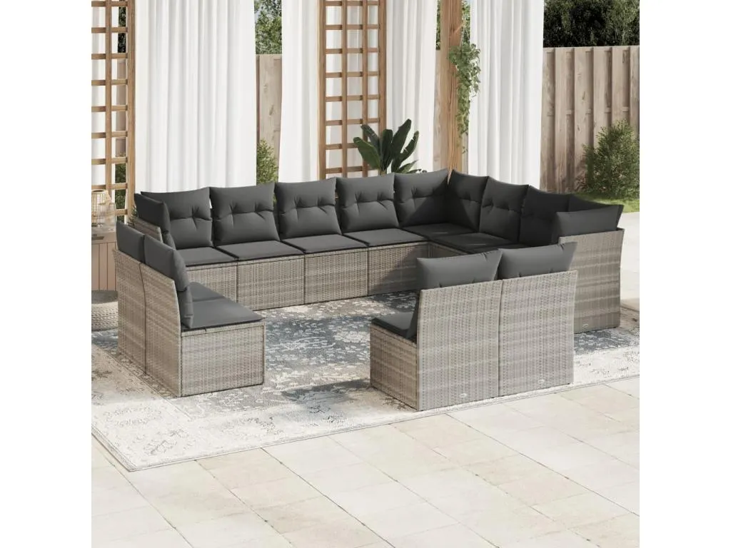 Set de sofás de jardín 12 pzas y cojines ratán sintético gris