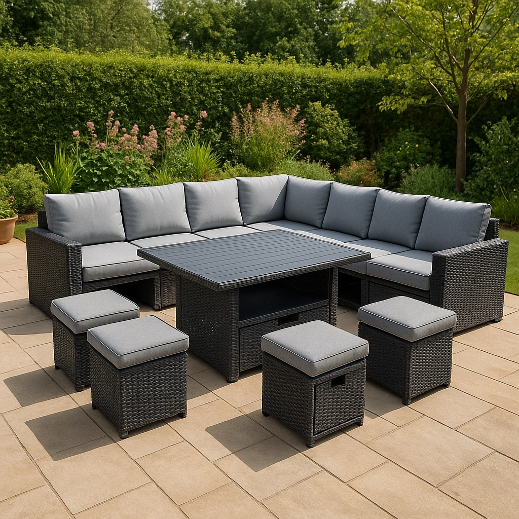 Conjunto de muebles de jardín sofá modular con mesa y otomanas Gris/Negro Resina sintética/Aluminio para jardín