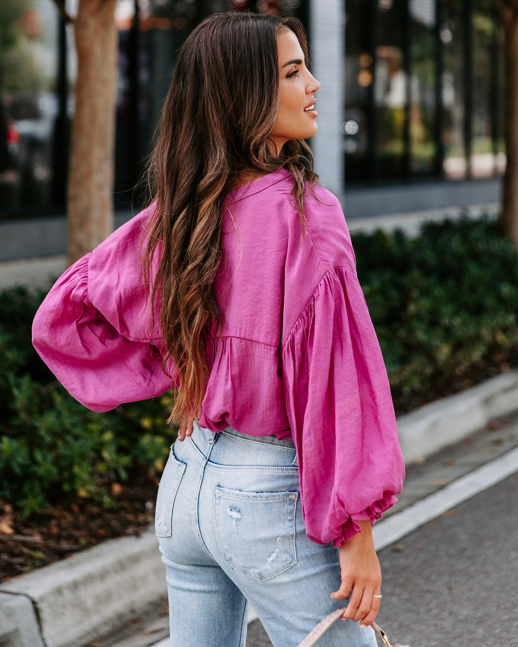 Asher Balloon Sleeve Button Down Top - Magenta - SALE - Se7enfashion