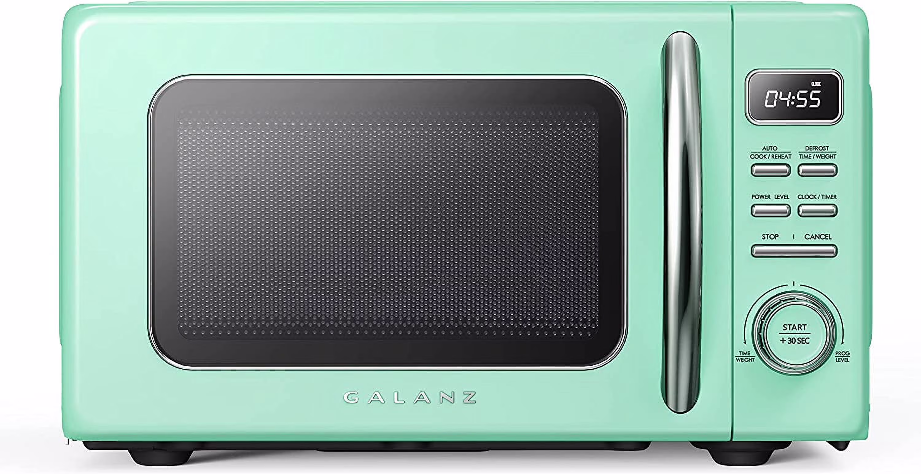 Galanz Retro Countertop Microwave Oven with Auto Cook & Reheat, Defrost, Quick Start Functions, Easy Clean with Glass Turntable, Pull Handle, .9 cu ft, Black