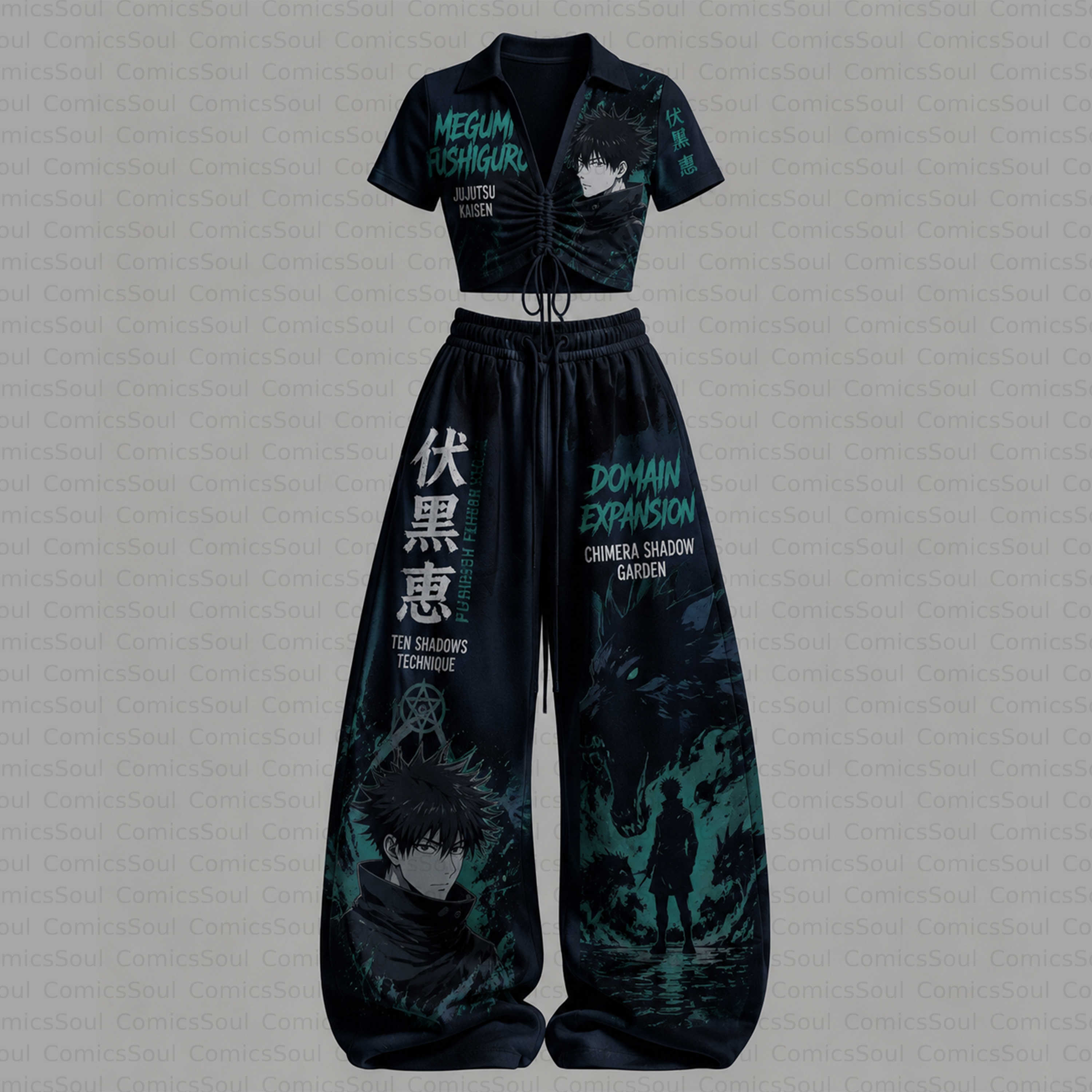 Jujutsu Kaisen Drawstring Short Sleeve Top & Long Pants Two-Piece Set TeeThreads Sustain the Scene with Custom Apparel