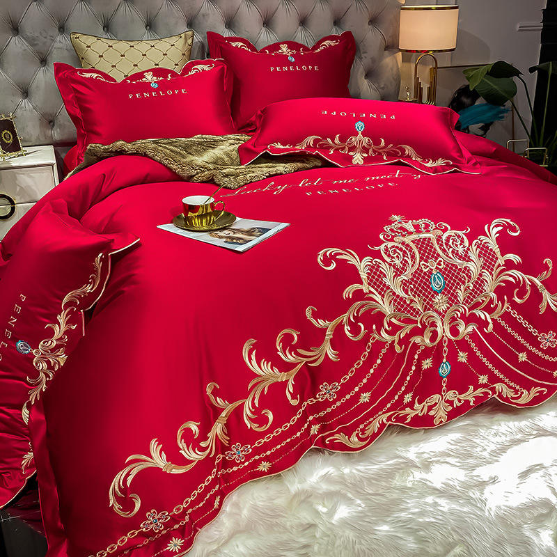 High Quality Ice Silk Cotton Bedding Set European Style Four Piece Bed Sheet Set With Embroidery