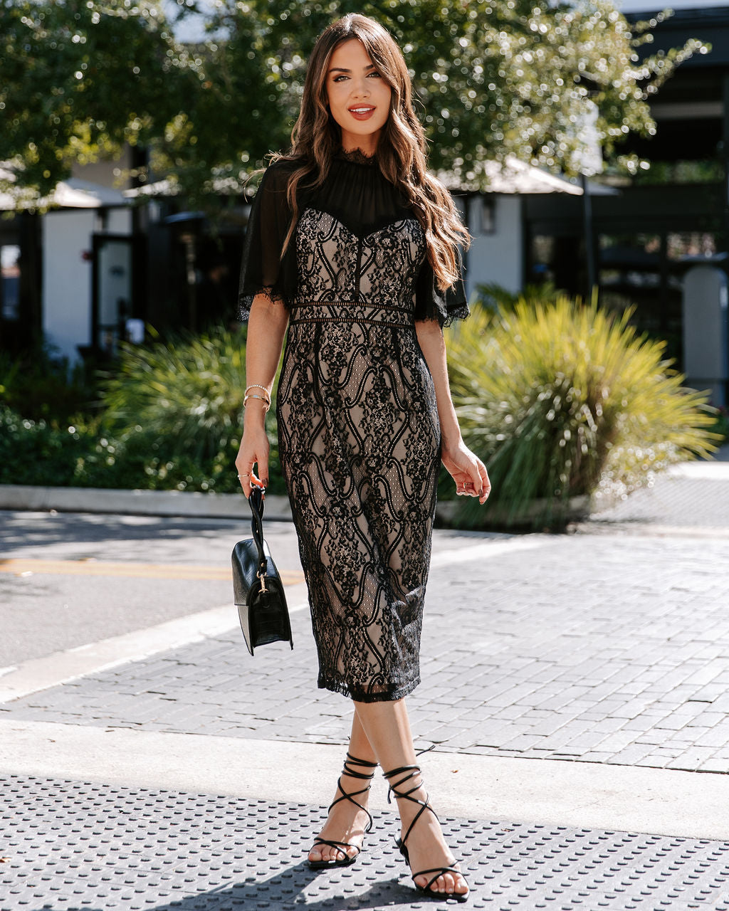 Bring On The Night Lace Chiffon Sleeve Midi Dress - Black - Se7enfashion
