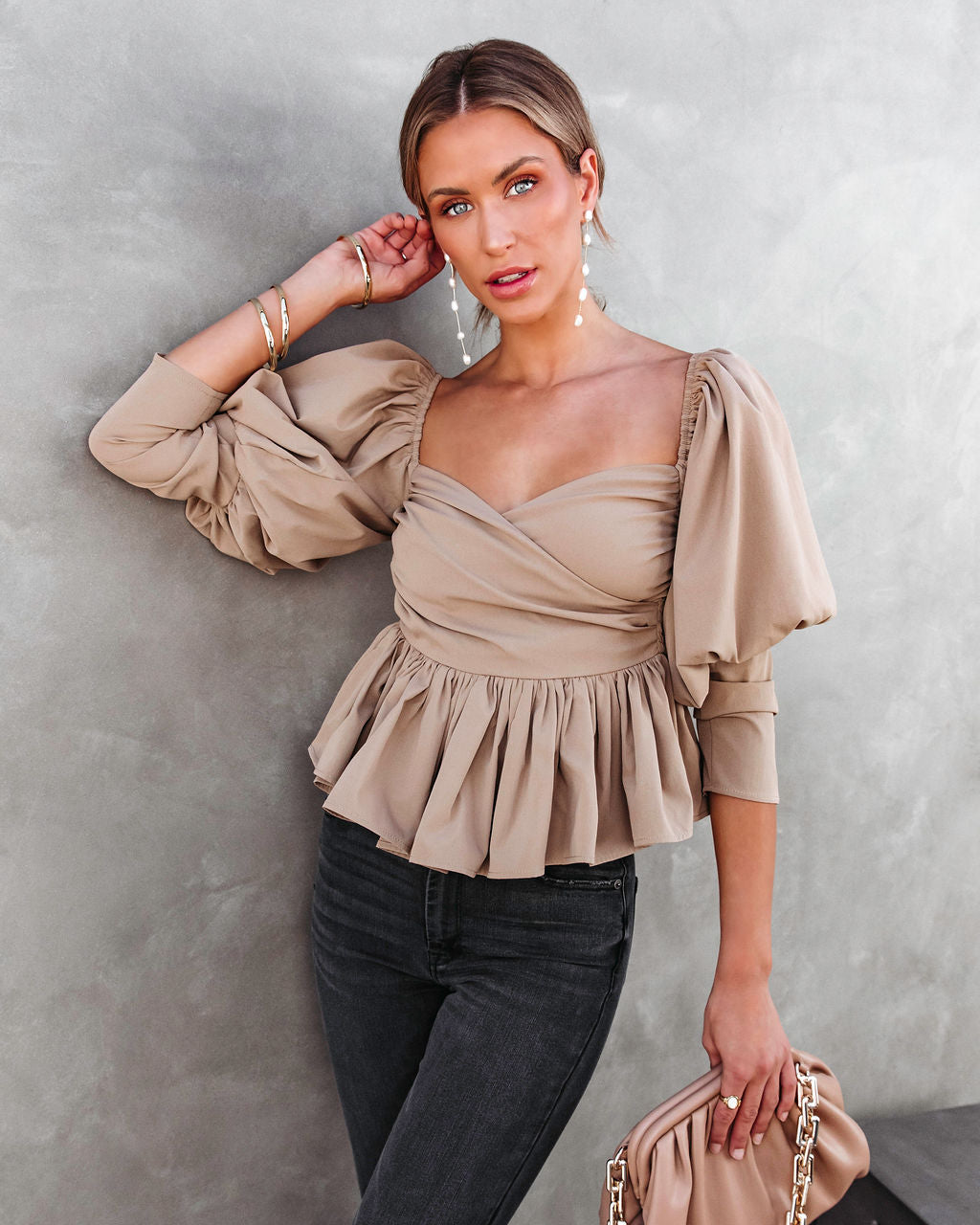 Soph Puff Sleeve Peplum Crop Top - Mocha - Se7enfashion