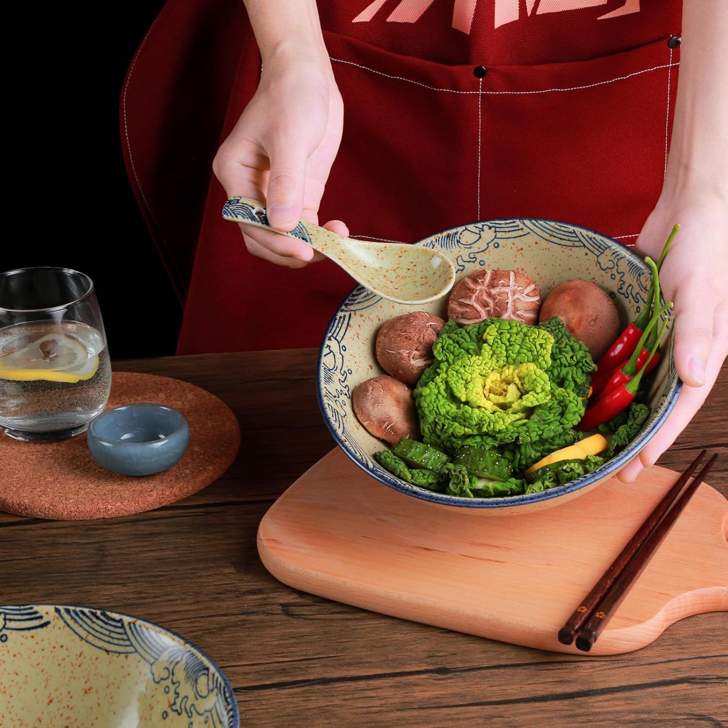 Ceramic Ramen Bowl Set of 2, 40oz Japanese Noodle Bowls with Spoons & Chopsticks Porcelain Large Soup Bowl for Pho, Udon, Retro Style Tableware Microwave & Dishwasher Safe, Fish
