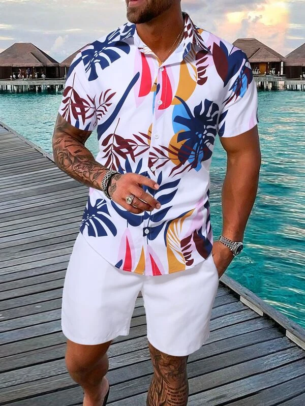 Suitmens Men's Hawaiian Print Short Sleeve Shirt Set 010