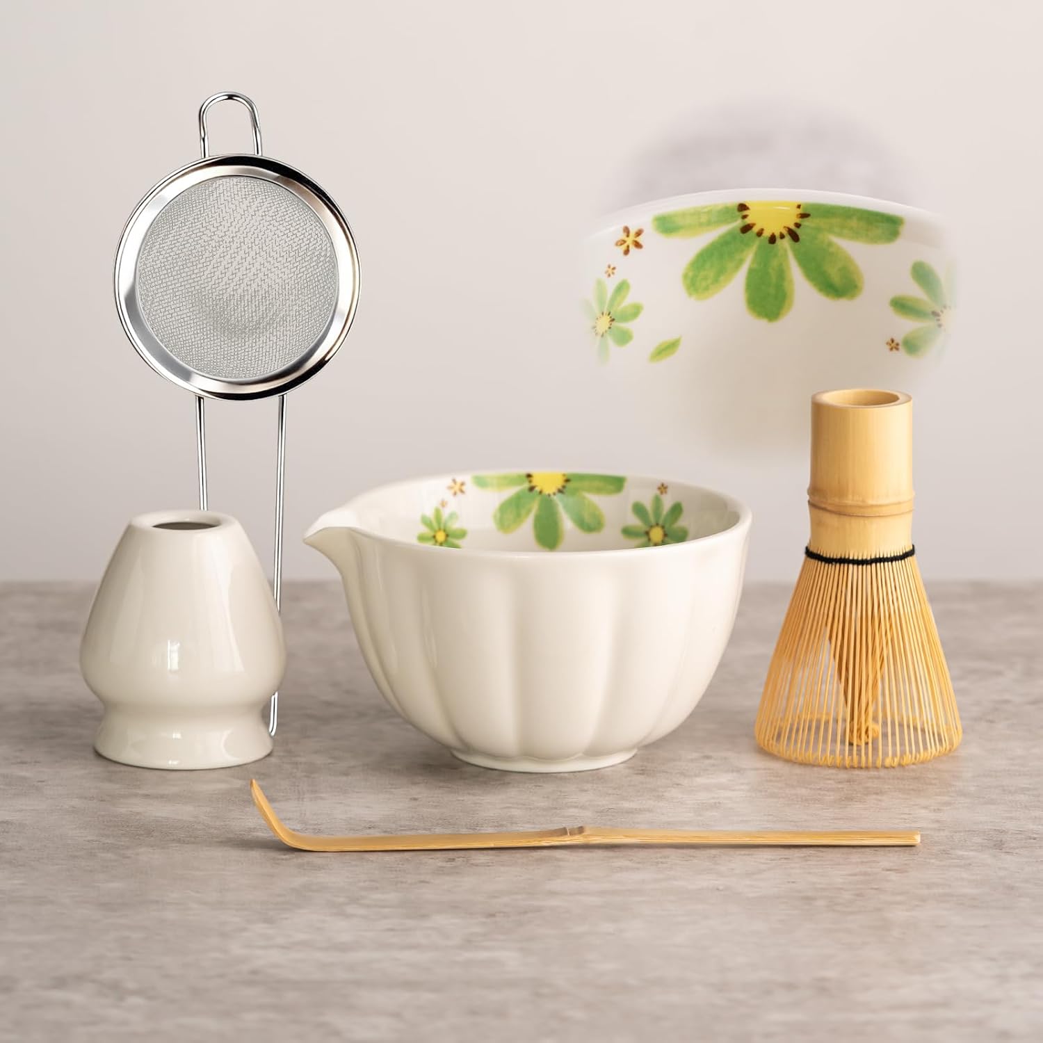 TANG PIN Matcha Set - Match Bowl and Whisk, 15 OZ, Matcha Scoop | Matcha Whisk Stand (Chasen Holder) - 5pc Perfect Matcha Kit for Matcha Tea Ceremony (Mottled Green)