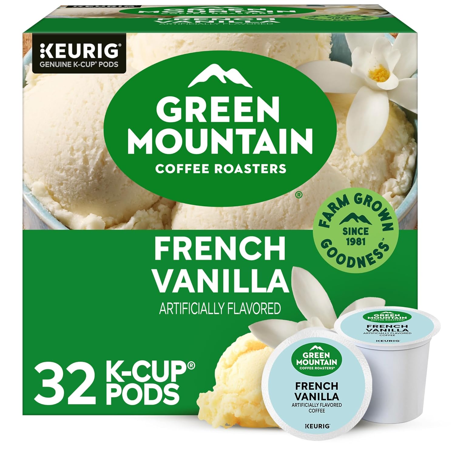 Green Mountain Coffee Roasters French Vanilla Coffee. Keurig Single-Serve K-Cup pods. Light Roast. 32 Count