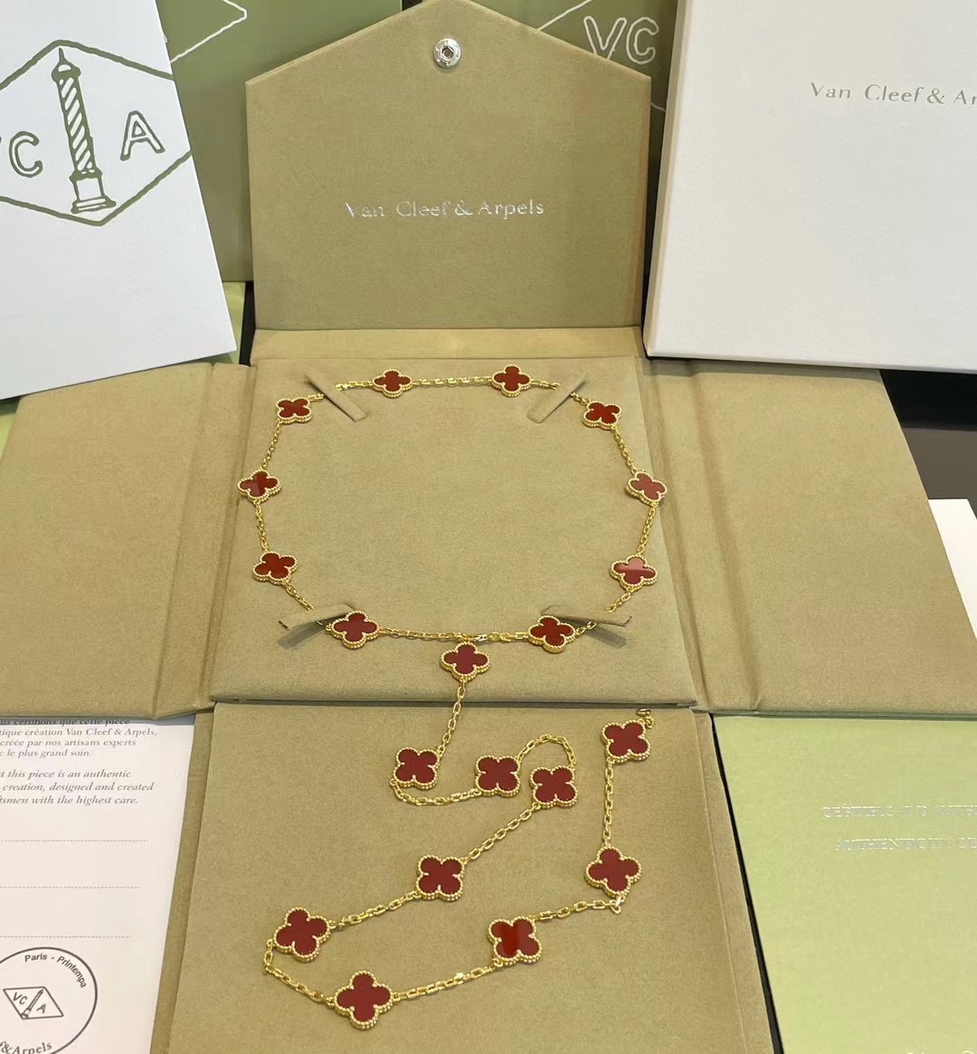 VCA Yellow Gold 20 Carnelian Clover Vintage Alhambra Long Necklace - Original Replica Club