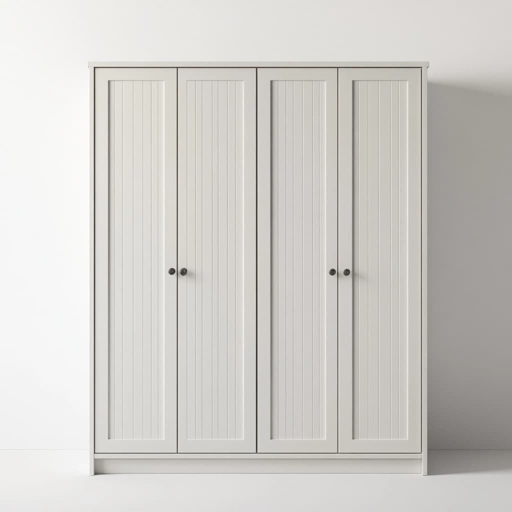 Armario de dormitorio de madera blanco con cuatro puertas y diseño clásico para almacenamiento organizado
