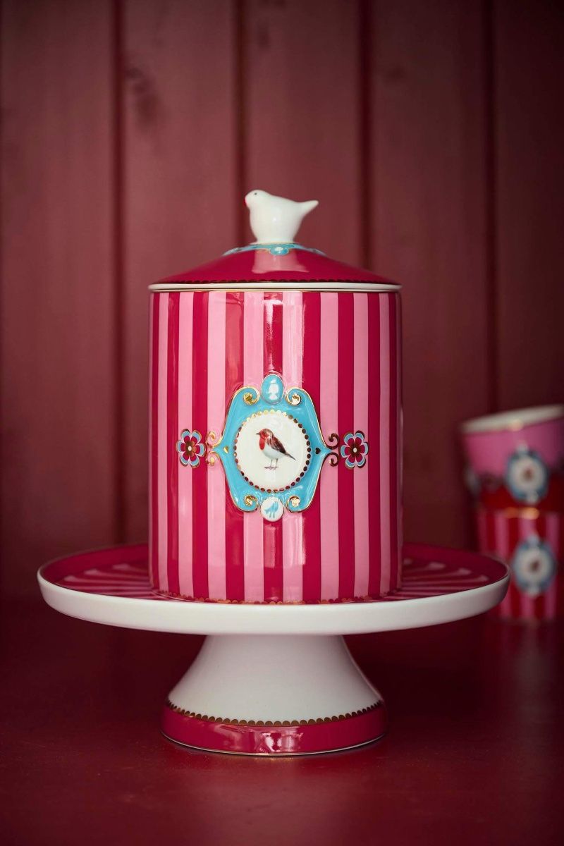 Storage Jar Love Birds Medallion Stripes Red-Pink