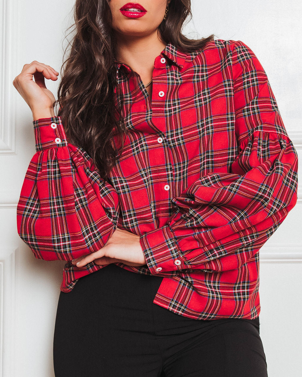 Gift For Me Plaid Puff Sleeve Button Down Top - Se7enfashion