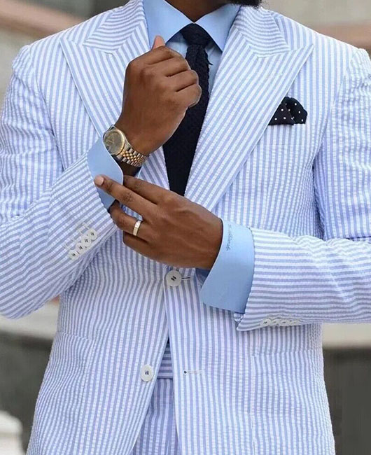 Seersucker Striped Pockets Button Lapel Collar Blazer & Pants 2Pcs Set