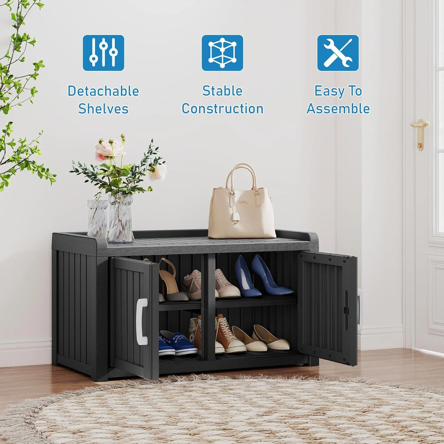KAMABOKO Outdoor Shoe Storage Cabinet, Waterproof UV-Resistant Entryway Storage Bench Indoor Outdoor with 2 Barn Doors, Adjustable Shelves for Entryway, Bedroom, Hallway,Living Room(Black) - Image 8