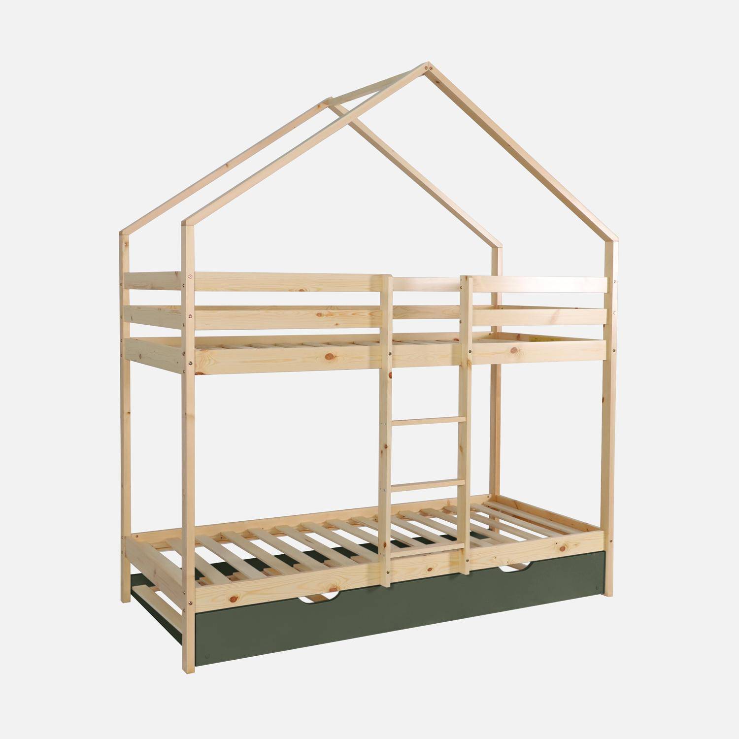 Roya - Litera infantil 190cm en pino natural estilo cabaña con somier y cajón