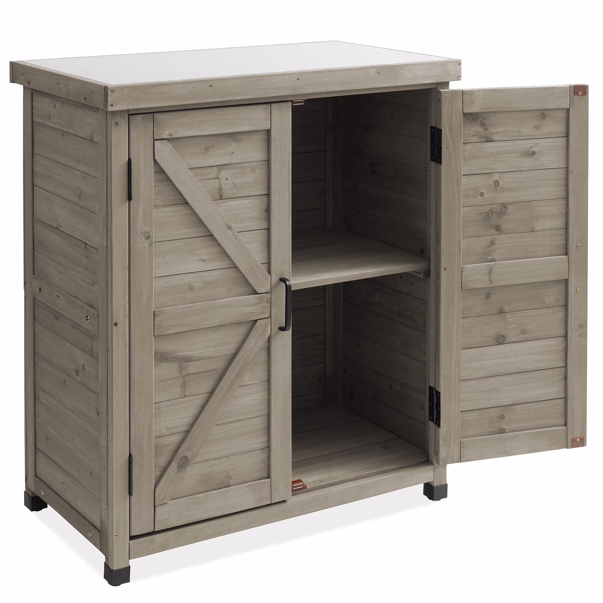 Outdoor Storage Cabinet and Potting Bench with Metal Tabletop and Storage Cabinet - Wooden Outdoor Garden Patio Workstation Table, Gray(Natural)