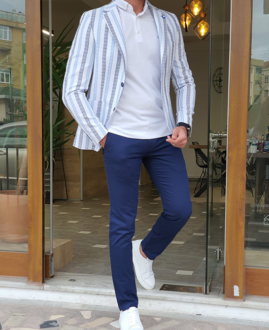 Fashion Striped Patchwork Notch Lapel Single Breasted Blazer