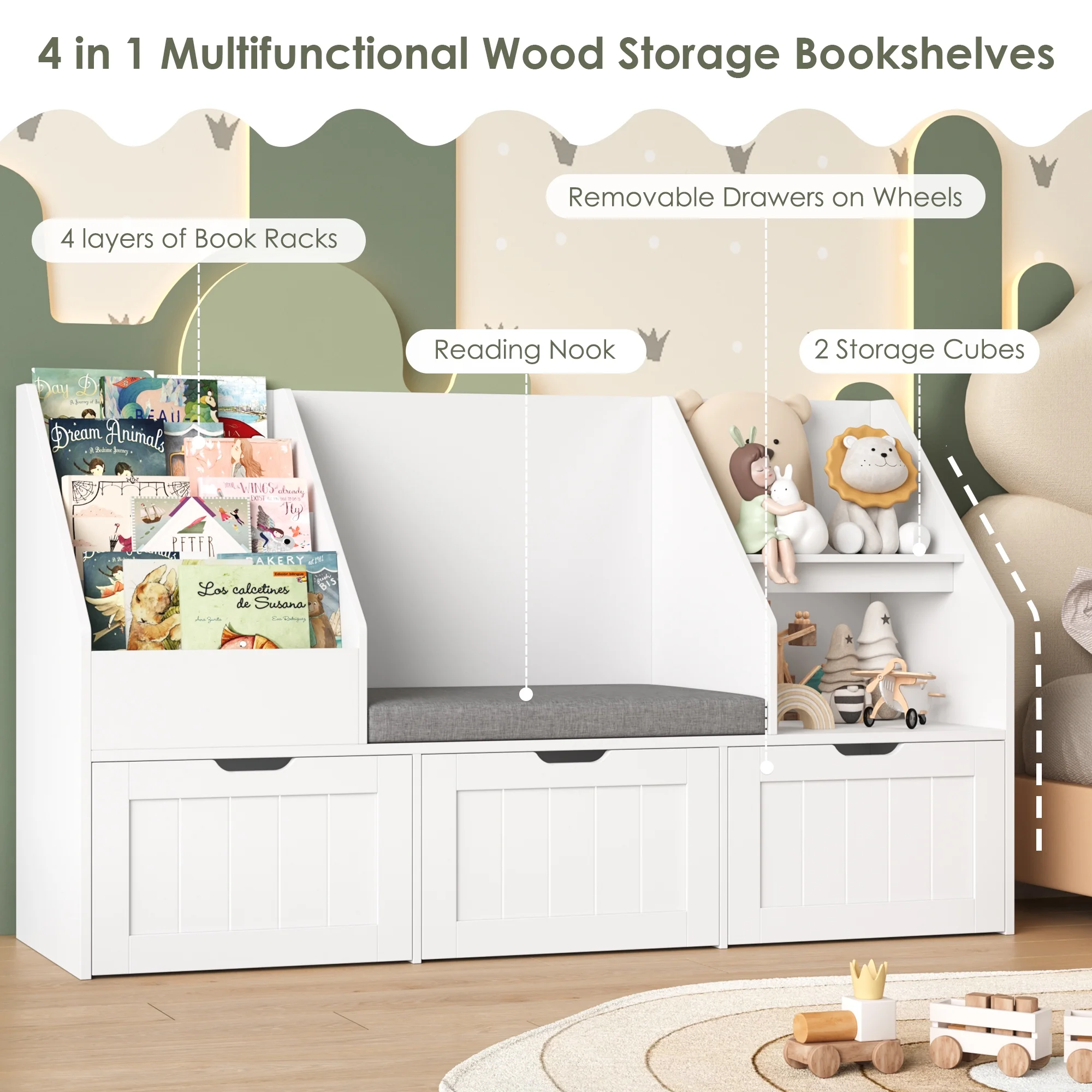 Homfa Kids Bookshelf with Reading Nook & 3 Movable Drawers, 2 Cube Bookcase with 4-Tier Book Racks, Toy Storage Organizer for Playroom Bedroom, White - Image 8