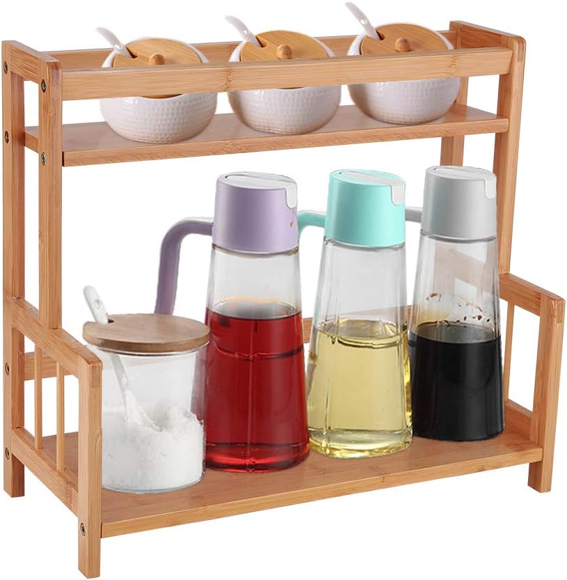Ufine 2 Tier Bamboo Spice Rack Organizer Kitchen Countertop Storage Shelf Free Standing Holder Under Cabinet Bathroom for Various Bottles, Jars, Space Saving