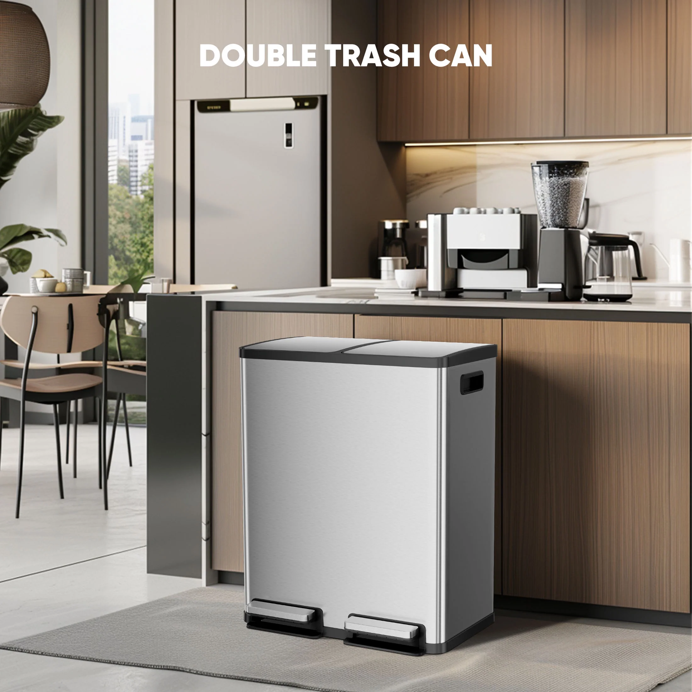 EDX 2 x 8.3 Gallon Dual Garbage Recycle Trash Can with Lid, Inner Buckets for Kitchen, Stainless Steel, Sliver - Image 9