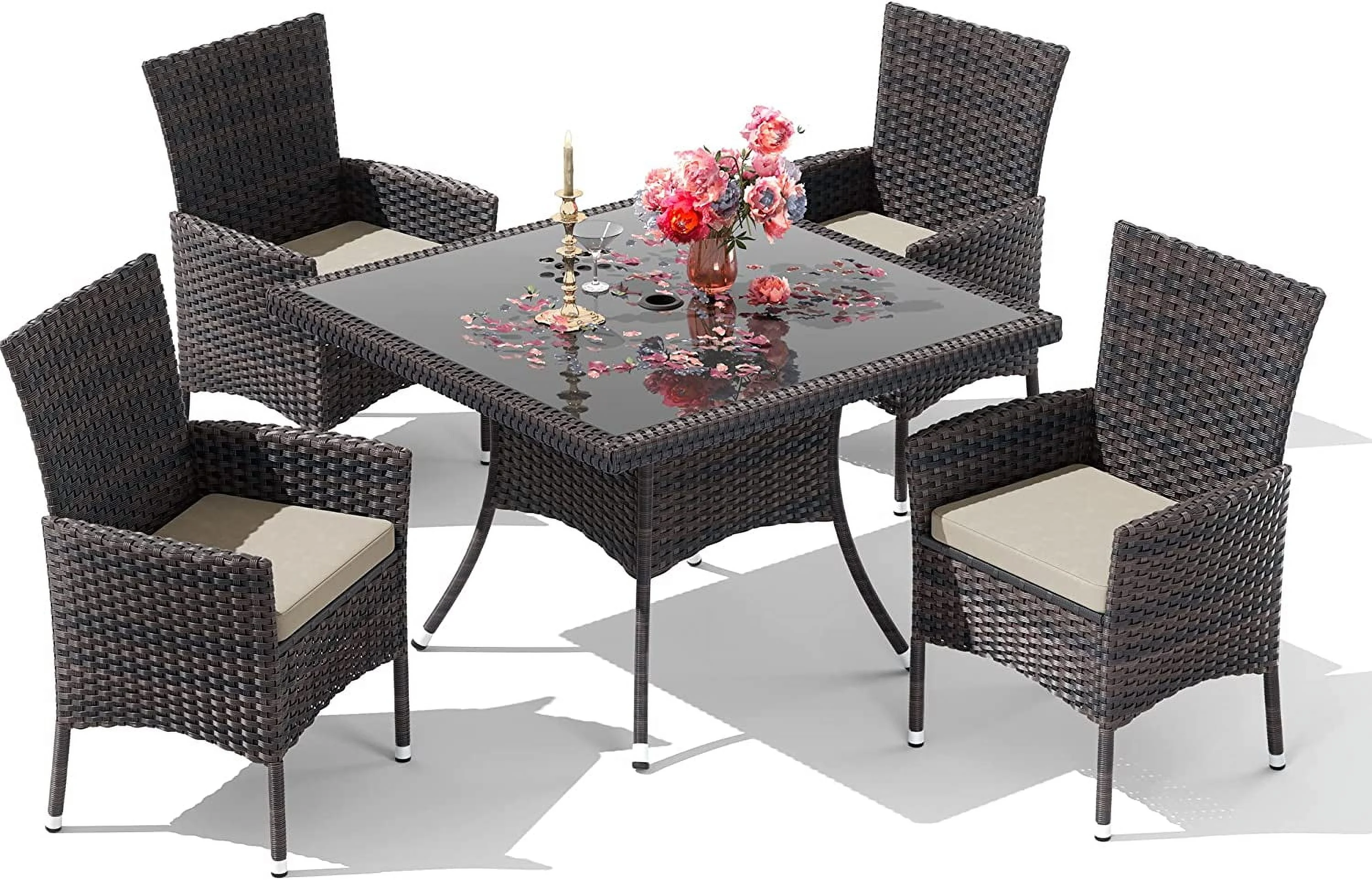 ALAULM 5 Pieces Patio Dining Set Outdoor Rattan Furniture with Square Glass Tabletop 4 Chairs with Cushions for Patio, Backyard Outdoor Kitchen Lawn & Garden Blue - Image 39