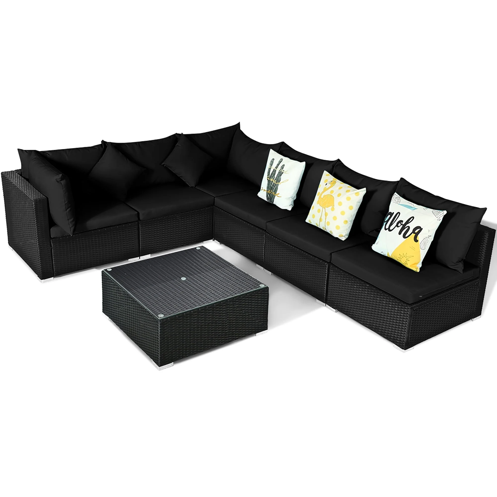Costway 7PCS Patio Rattan Sofa Set Sectional Conversation Furniture Set Garden Black - Image 7