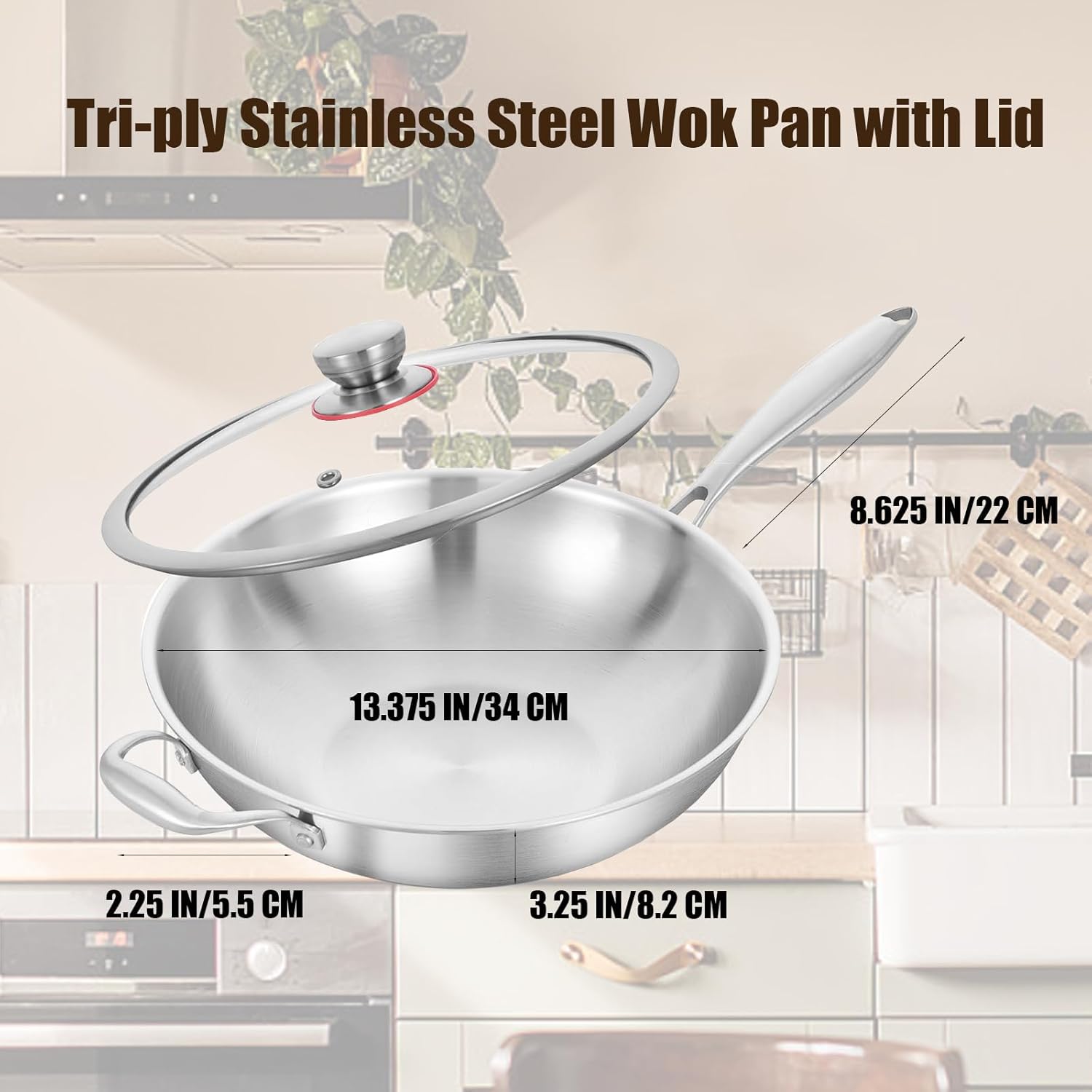 LOLYKITCH 13 Inch Stainless Steel Wok with Glass Lid, Tri-Ply Stir Fry Pan with Detachable Handle, Uncoated Cooking Wok for Induction & Glass, Flat Bottom, SGS Certified Cookware