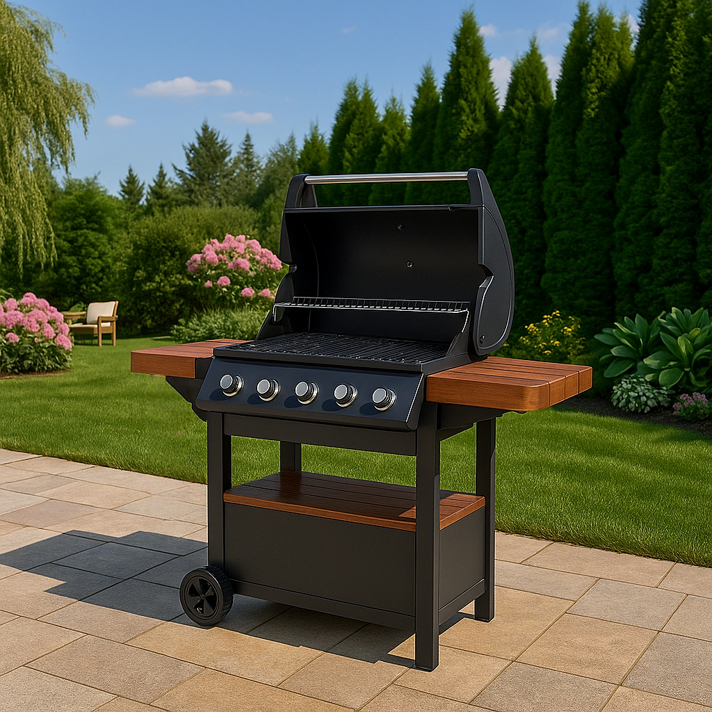 Parrilla de barbacoa, con mesas laterales de madera, color negro.