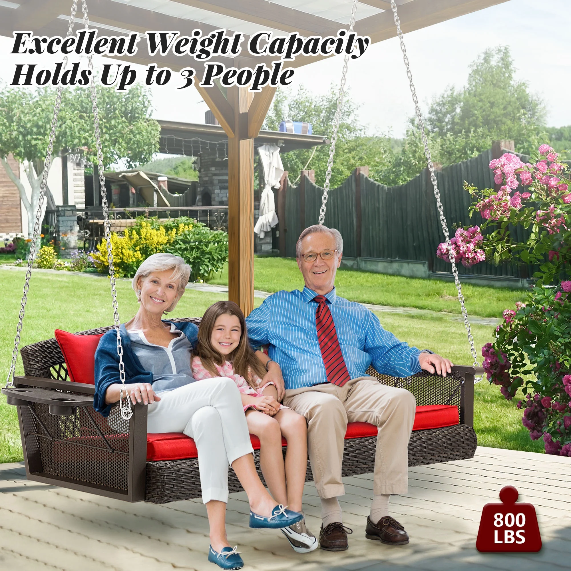 Homrest 3-Person Porch Swing 55in Wicker Hanging Swing Bench with Cushions and Cupholders for Deck, Garden and Backyard, Beige - Image 42